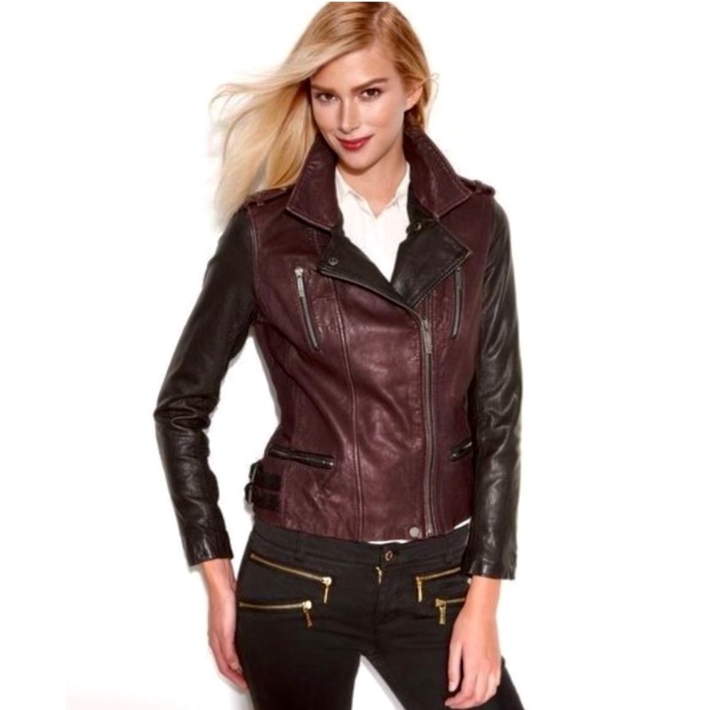 Michael Kors maroon/black leather moto jacket w/ gunmetal hardware -small